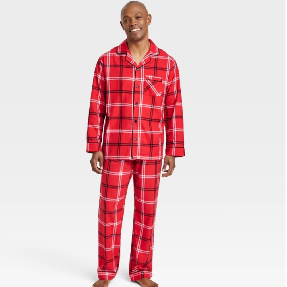 New! Men's Plaid Lightweight Flannel Matching Family Pajama Set - Red & Black XL